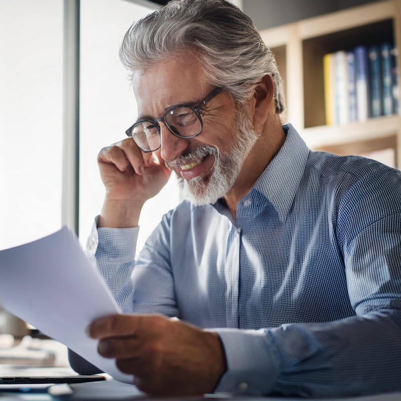 Firefly a mature happy but serious on his desk doing job well through the documents; 3-4 angle shot